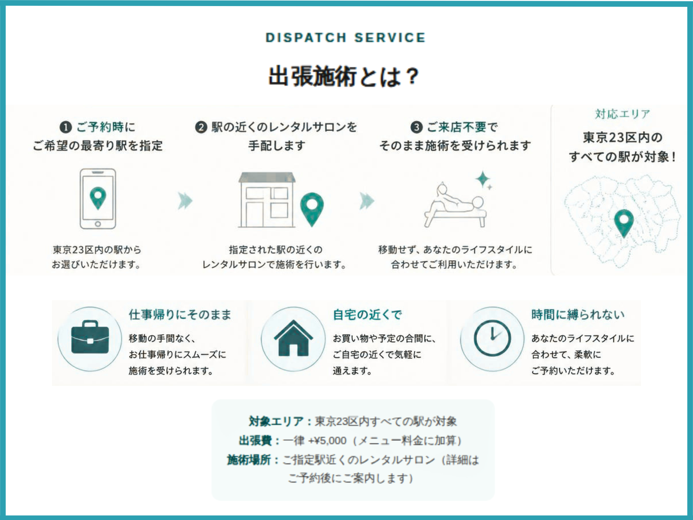 出張施術とは？ ご予約時にご希望の最寄り駅を指定→駅の近くのレンタルサロンを手配します→ご来店不要でそのまま施術を受けられます。対象エリアは東京23区内のすべての駅。仕事帰りにそのまま／自宅の近くで／時間に縛られない。出張費一律+¥5,000（メニュー料金に加算）。施術場所はご指定駅近くのレンタルサロン（詳細はご予約後にご案内します）。